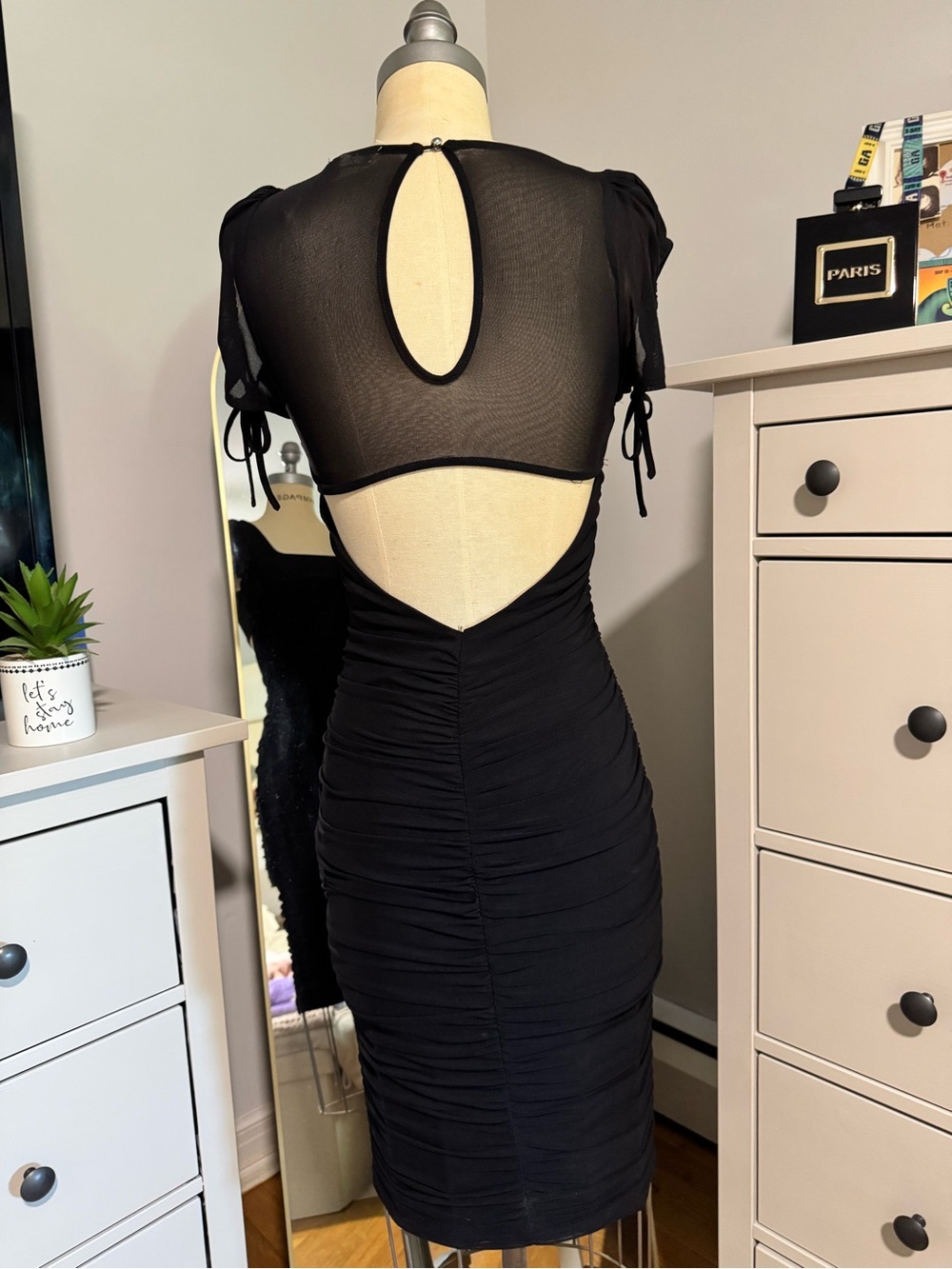 Privy Privately Privileged Black Ruched Mesh Back Sleeves Square-Neck Midi Dress